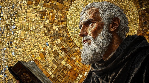 A majestic mosaic of Saint Benedict of Nursia, his face illuminated by divine wisdom, lost in contemplation as he holds his sacred book, intricate tesserae forming a celestial golden backdrop,