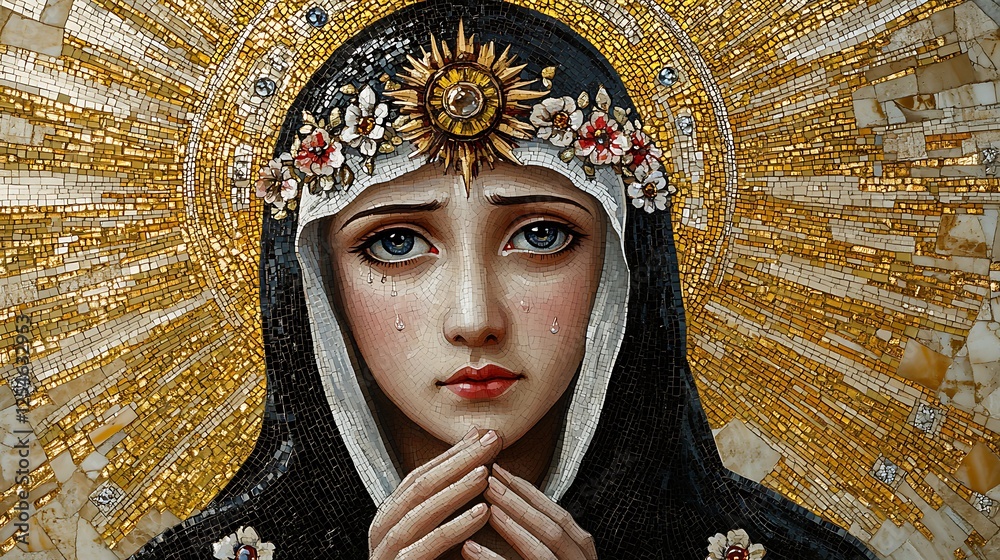 Fototapeta premium A majestic mosaic of Saint Catherine of Siena, tears of devotion in her eyes as she gazes at the Crown of Thorns in her hands, intricate tesserae forming a celestial golden backdrop,