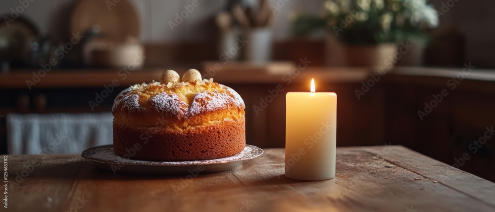 Obraz premium A warmly lit cake with nuts and powdered sugar sits beside a glowing candle, offering a cozy ambiance in a rustic kitchen.