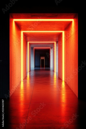 Illuminated Red Corridor A futuristic tunnel with symmetrical neon lighting