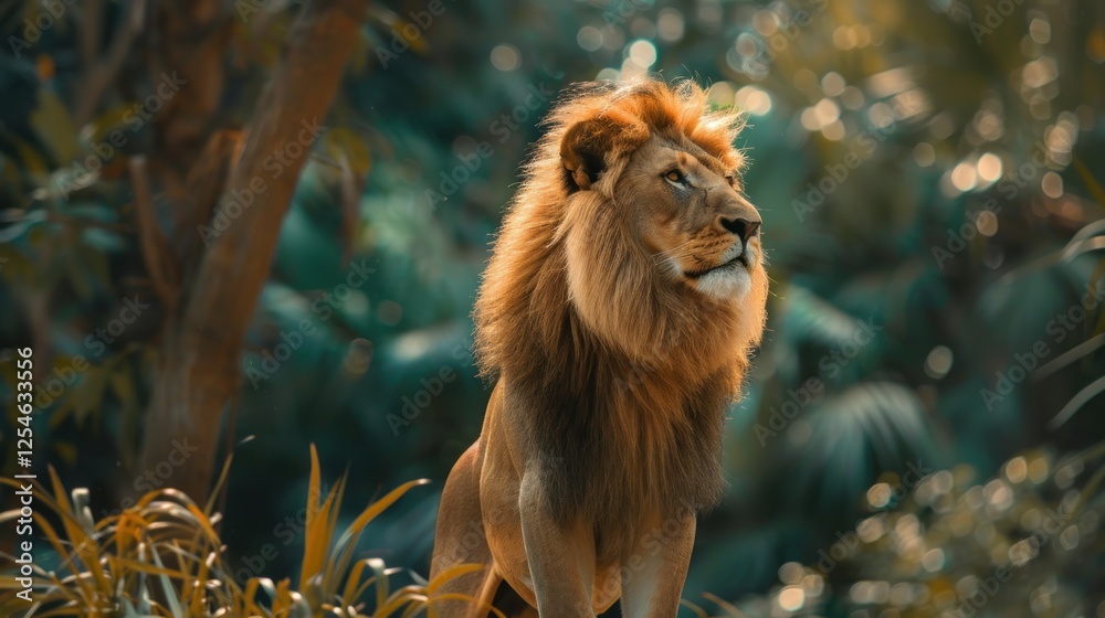 Fototapeta premium Portrait of wild male lion animal standing on the nature green jungle. AI generated image