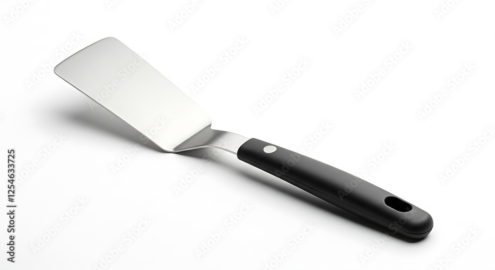 Stainless Steel Spatula with Black Handle on White Background Product Shot Stainless Steel Spatula with Black Handle on White Background Product Shot