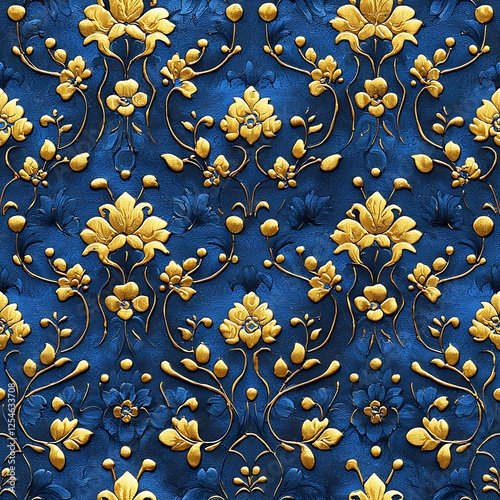 Elegant Gold Flower Pattern on Blue Background Textured Floral Design