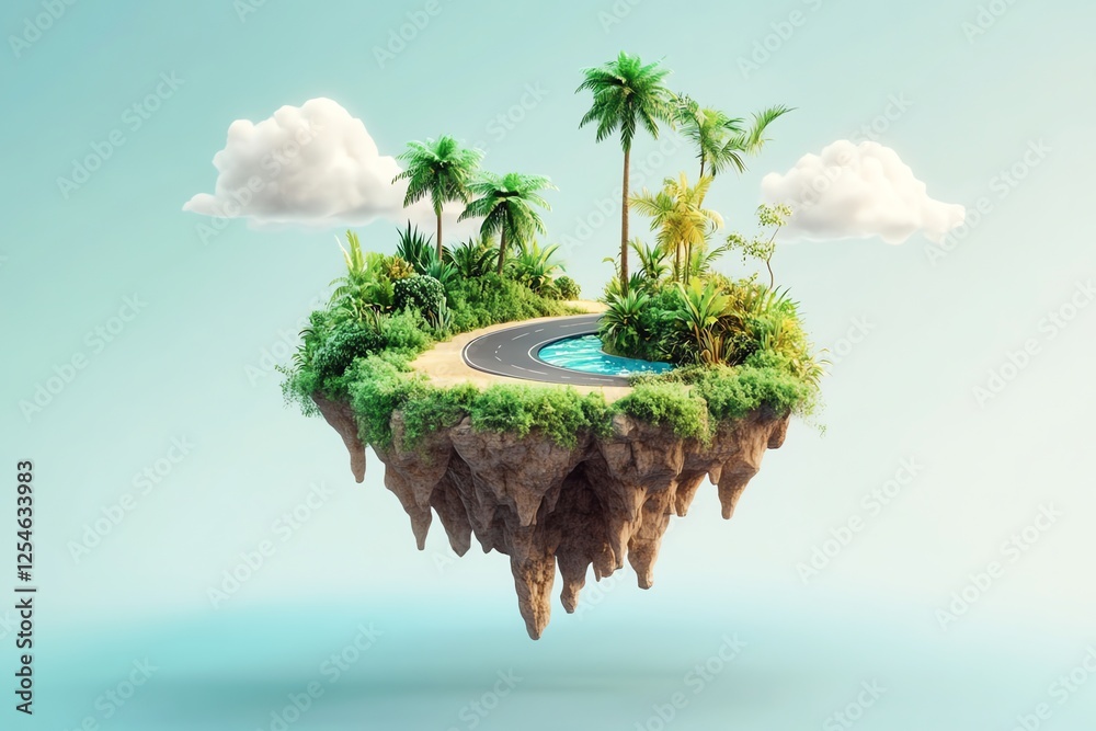 Obraz premium A whimsical 3D cartoon floating island with lush greenery and a surrounding road, set against a solid-color background. Playful, cute, and perfect for fantasy-themed designs
