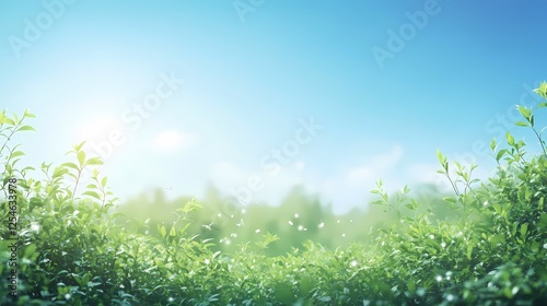 Serene tea plantation under a bright blue sky with gentle sunlight and fresh green leaves
