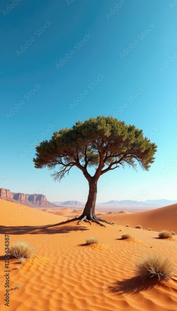 Desert landscape stretches out around a single tree, desert vistas, endless space Desert landscape stretches out around a single tree, desert vistas, endless space