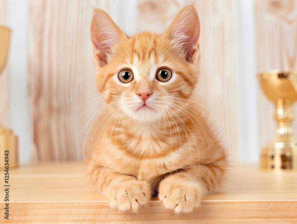 Cute Ginger Tabby Kitten Sitting on Wooden Floor with Curious Expression Cute Ginger Tabby Kitten Sitting on Wooden Floor with Curious Expression