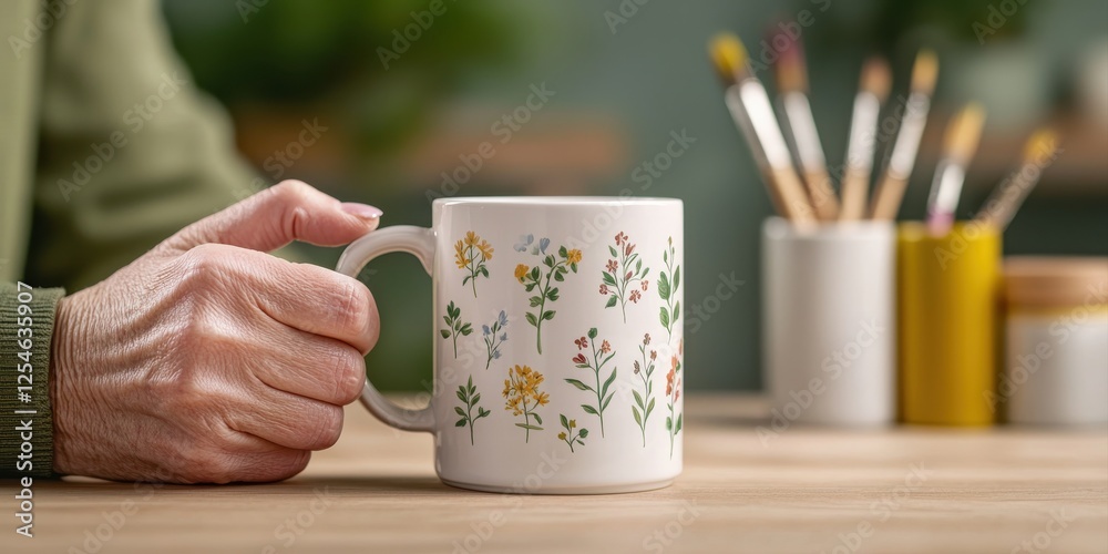 Craftsman Handmade Craft Concept, A hand holds a floral-patterned mug on a wooden table, with paintbrushes and containers in the background, creating a cozy artistic atmosphere. Craftsman Handmade Craft Concept, A hand holds a floral-patterned mug on a wooden table, with paintbrushes and containers in the background, creating a cozy artistic atmosphere.