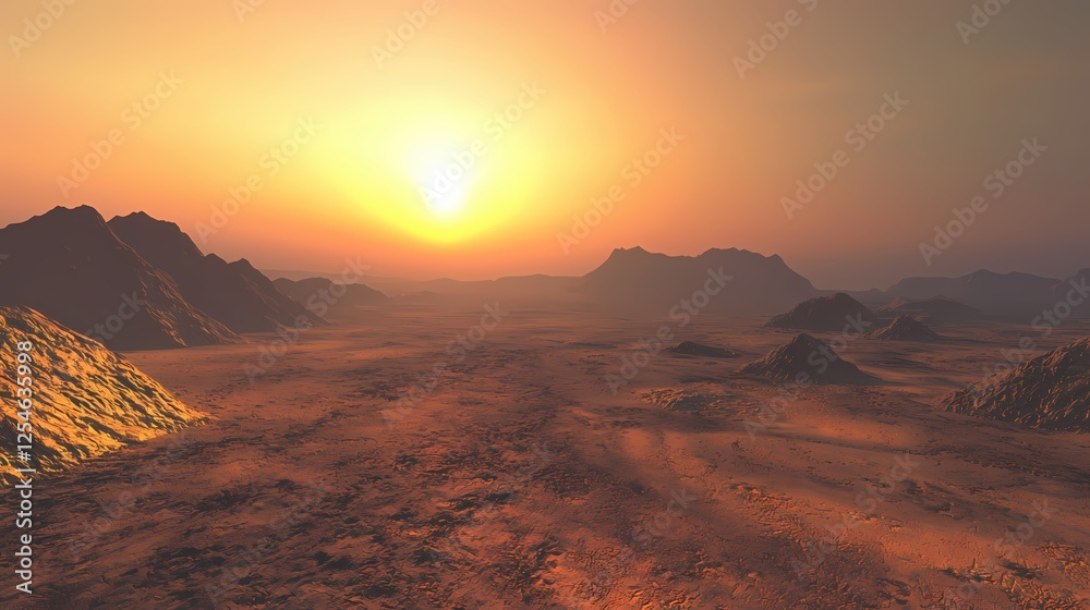 Fototapeta premium Desert landscape at sunset with mountains and horizon under a bright orange sky