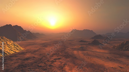 Desert landscape at sunset with mountains and horizon under a bright orange sky