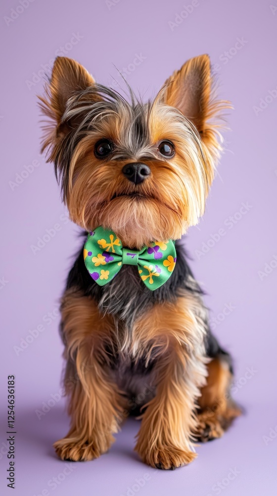 Adorable Yorkshire Terrier Puppy Wearing a Bow Tie Studio Shot on Purple Background Adorable Yorkshire Terrier Puppy Wearing a Bow Tie Studio Shot on Purple Background