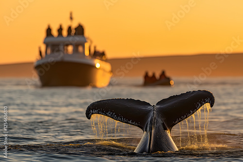 Humpback whale diving at sunset with whale watching boats in background