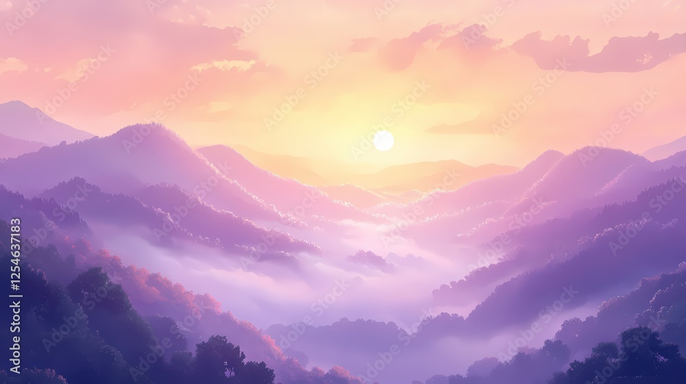 Serene Mountain Vista at Dawn with Pastel Skies and Gentle Mist Embracing the Landscape Serene Mountain Vista at Dawn with Pastel Skies and Gentle Mist Embracing the Landscape