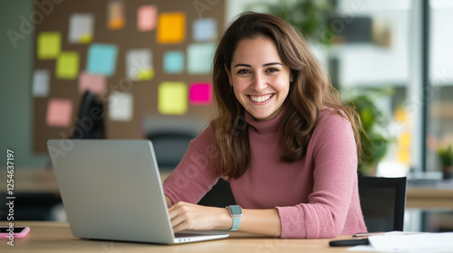 A portrait of a professional, happy businesswoman working in a startup agency in Brazil. She's reviewing products, writing blogs, and focused on career growth and development. As a photo