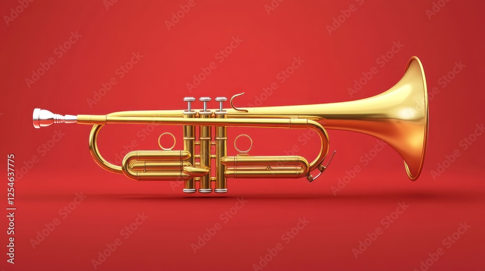 Fototapeta premium Shiny gold trumpet on red background.