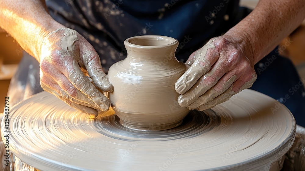 Craftsman Handmade Craft Concept, Craftsperson shaping a clay vase on a pottery wheel, showcasing hands covered in clay and the artistry of ceramics. Craftsman Handmade Craft Concept, Craftsperson shaping a clay vase on a pottery wheel, showcasing hands covered in clay and the artistry of ceramics.