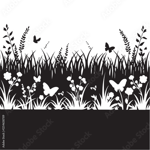 Silhouettes of flying butterflies flying over a meadow with flowers and grass, vector illustration in black and white background