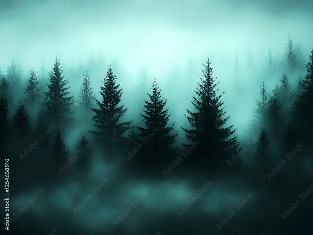 Misty Forest Illustration - Enigmatic Trees in Fog Misty Forest Illustration - Enigmatic Trees in Fog