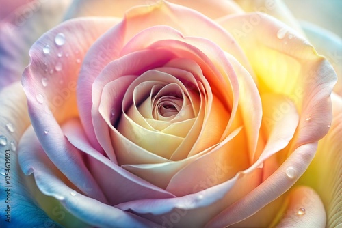 Close-up of rainbow rose flower with dewdrops showcasing nature artistry