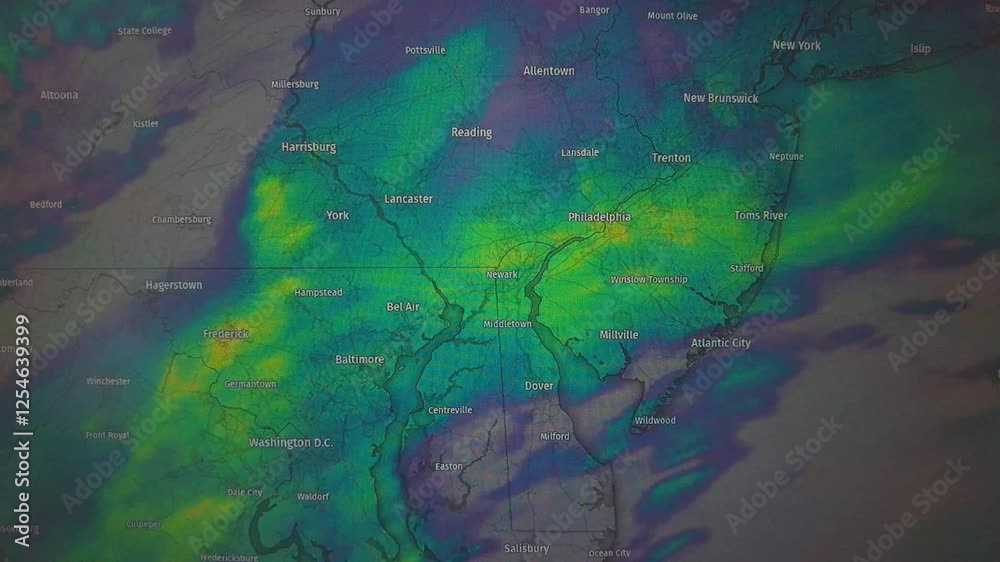 Animated weather map showing Mid-Atlantic region, color-coded precipitation. Static camera view.