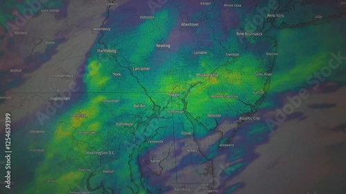 Animated weather map showing Mid-Atlantic region, color-coded precipitation. Static camera view.
