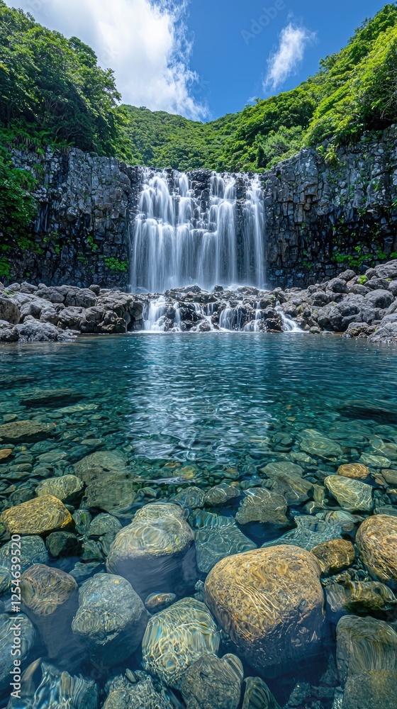 Fototapeta premium Serene waterfall cascading over rocky cliffs into a crystal-clear pool surrounded by lush greenery