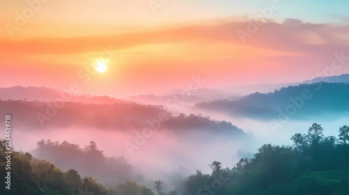 Wallpaper Mural Misty Mountain Sunrise A Serene Landscape of Rolling Hills Bathed in Soft Pastel Light Hues Torontodigital.ca