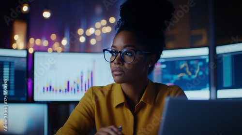 African American Female IT Specialist Working on Data Analysis in a High-Tech Office A talented Black African American female IT professional is fully engaged in analyzing a comple photo