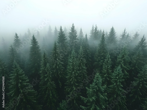 Misty Evergreen Forest Aerial Photo