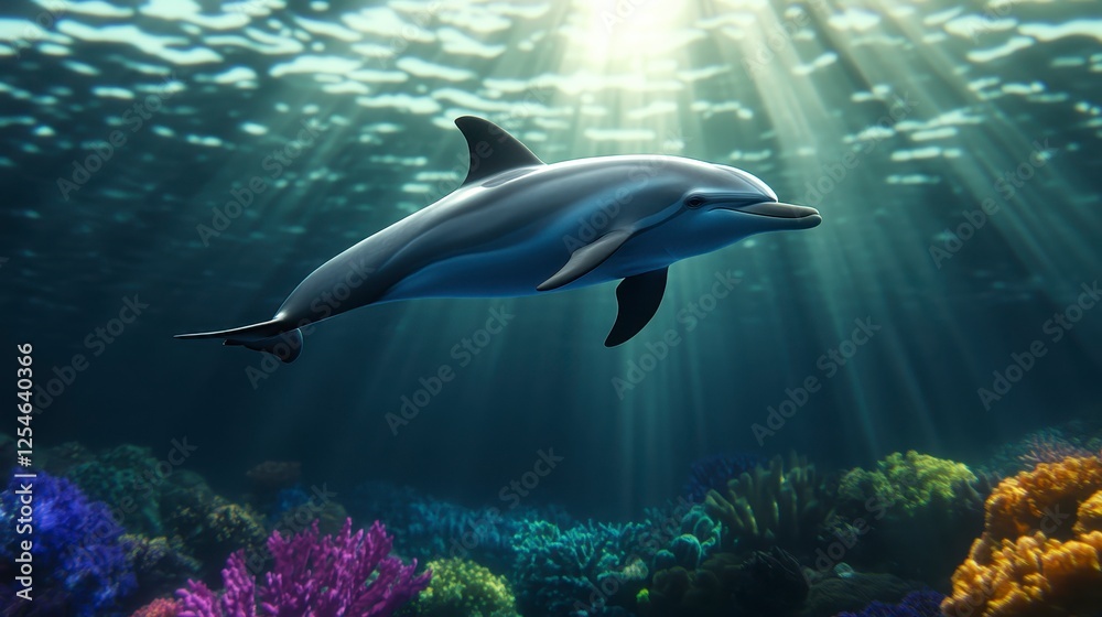 Fototapeta premium Underwater dolphin swimming amongst vibrant coral in sunlit ocean environment