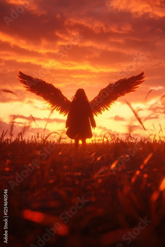 Angelic figure in field at sunset dreamy, fantasy, spiritual concept