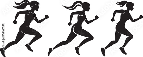 set of running woman silhouette, black and white silhouette, vector and illustration