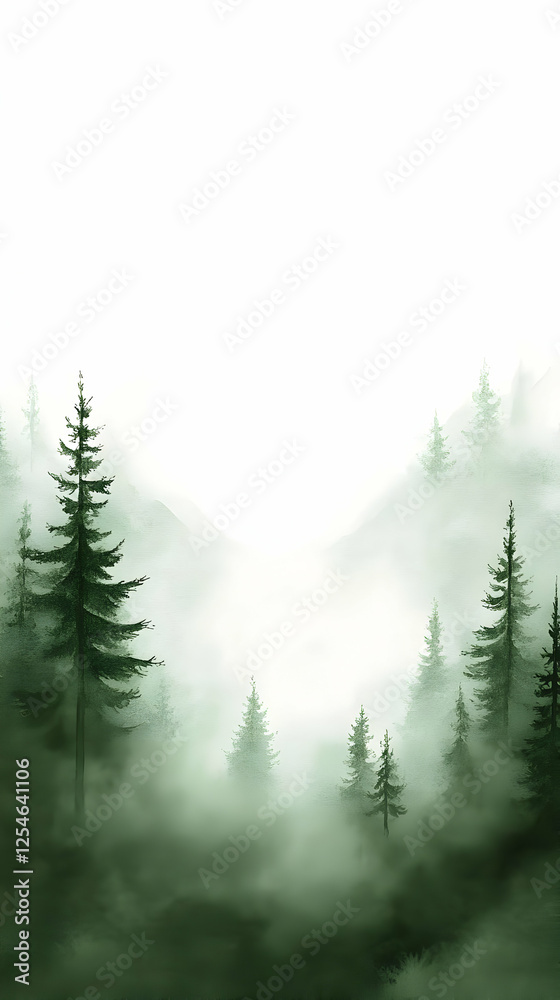 Fototapeta premium Misty Forest Illustration, Green Trees in Fog