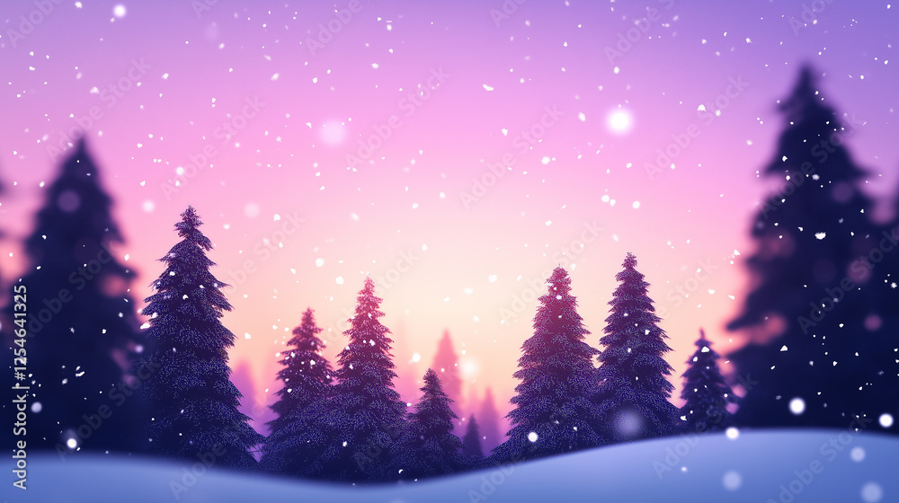 Naklejka premium A picturesque winter forest with pine trees silhouetted against a twilight sky, as gentle snowflakes fall and blanket the ground. The enchanting hues of twilight create a magical a