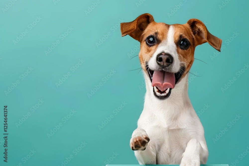 Joyful Puppy Smiling Against Turquoise Background Joyful Puppy Smiling Against Turquoise Background