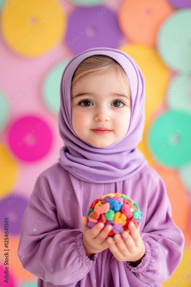 Cute girl holding a colorful ball while standing against a vibrant background Cute girl holding a colorful ball while standing against a vibrant background