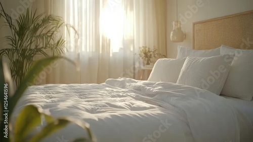 Wake up woman concept. Bright and cozy bedroom with soft bedding and natural light streaming through curtains.