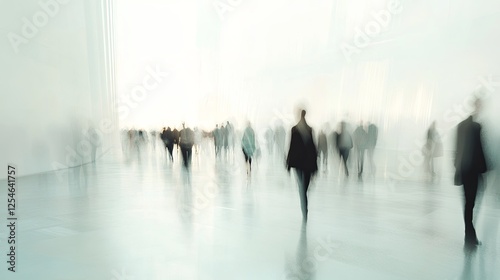 Long exposure shot of crowd of business people walking in bright office lobby fast moving with lot of blur digital