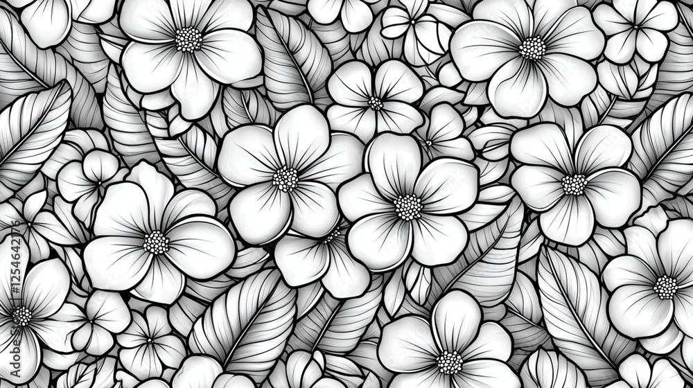 Intricate floral pattern in black and white, featuring hand-drawn blooming flowers with fine details, creating a beautiful botanical illustration for artistic projects and prints.
Intricate floral pattern in black and white, featuring hand-drawn blooming flowers with fine details, creating a beautiful botanical illustration for artistic projects and prints.