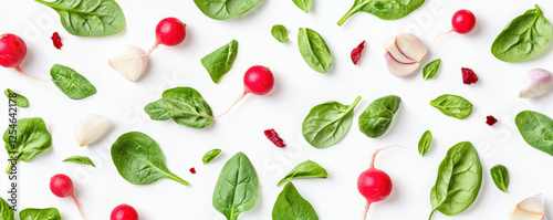 Fresh spinach, radishes, and garlic create vibrant, artistic composition. This colorful arrangement showcases beauty of vegetables, perfect for healthy eating inspiration
