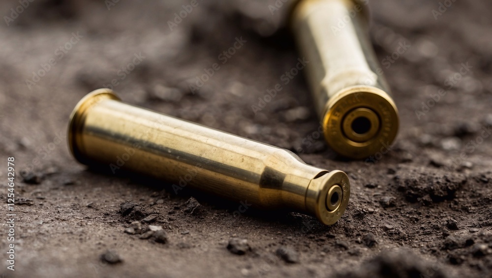 A close-up of a single small-arms cartridge case lying on a rugged, dirt-covered ground with a distinct metallic sheen, showcasing the caliber and intricate details of the brass. A close-up of a single small-arms cartridge case lying on a rugged, dirt-covered ground with a distinct metallic sheen, showcasing the caliber and intricate details of the brass.