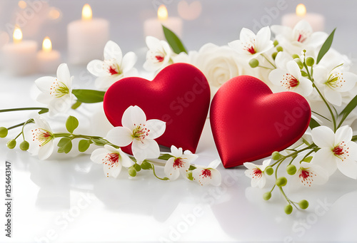 Valentine's Day greeting card. Two hearts and flowers on gray background. Love and relationship concept	