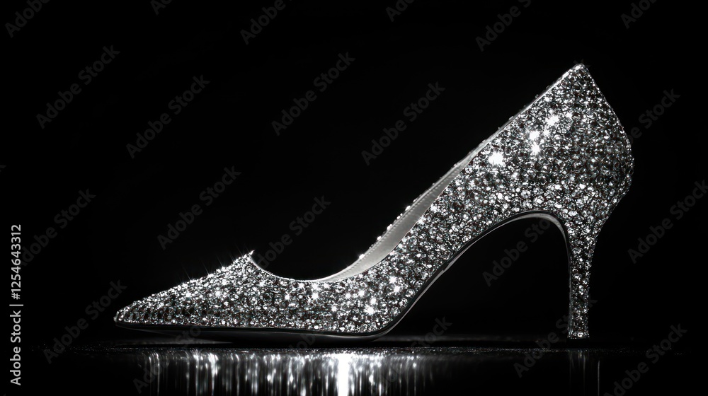 Sparkling silver stiletto heel shoe on black background. Sparkling silver stiletto heel shoe on black background.