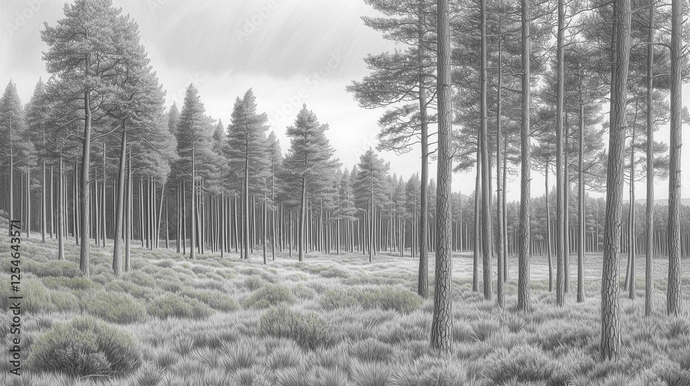 Serene misty pine forest landscape with tall trees and soft fog, a tranquil nature scene in black and white
Serene misty pine forest landscape with tall trees and soft fog, a tranquil nature scene in black and white