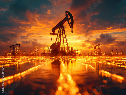 Oil pumps sunset field energy production photo