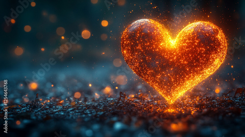 A heart-shaped object floats in the air, surrounded by glowing particles, creating an abstract design against a dark, blurred background. The image symbolizes love, connection, and energy in motion.

