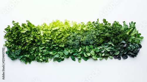 Fresh leafy greens arranged in vibrant gradient, showcasing various textures and shades of green, perfect for healthy eating and culinary inspiration