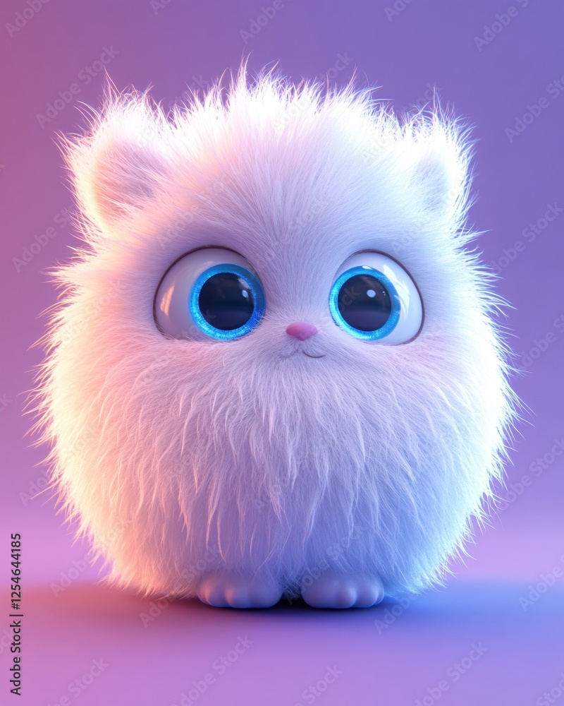 Fluffy white creature with big blue eyes on a gradient purple background digital art Fluffy white creature with big blue eyes on a gradient purple background digital art