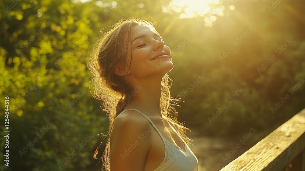 Fototapeta premium young pretty woman stands on a bridge with her eyes closed and a smile on her face, enjoying the sun's rays, concept: take care of yourself, 16:9