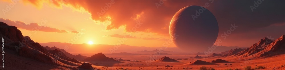 Obraz premium Massive asteroid hovering above a barren landscape, sunlight peeks over the horizon, horizon, distant, vast